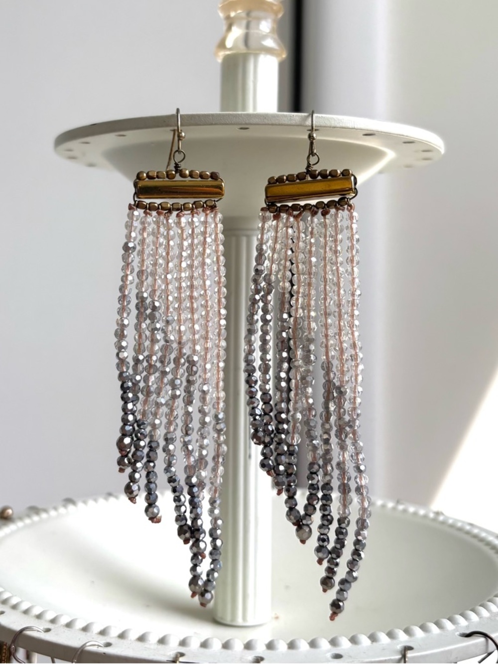 Statement Clear and Gray Sparkle Beaded Dangle Earrings in Gold